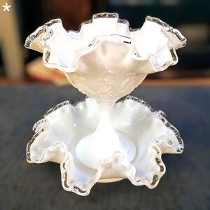 Fenton  Silver Crest Vintage Milk Glass Pedestal Bowl & Dish Wedding Decor